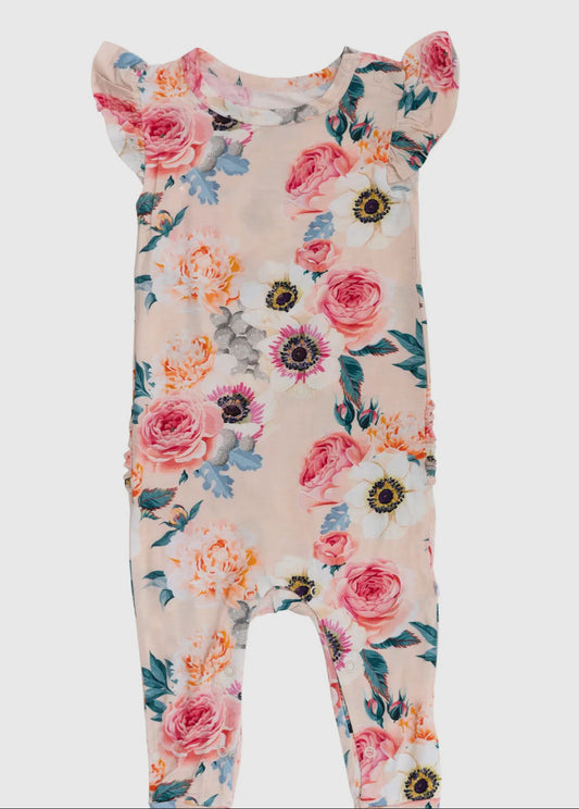 Mountain Peony Flutter Sleeve Romper Bamboo