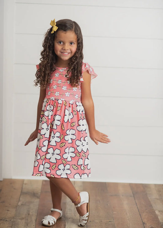 Pink & White Flutter Sleeve Dress