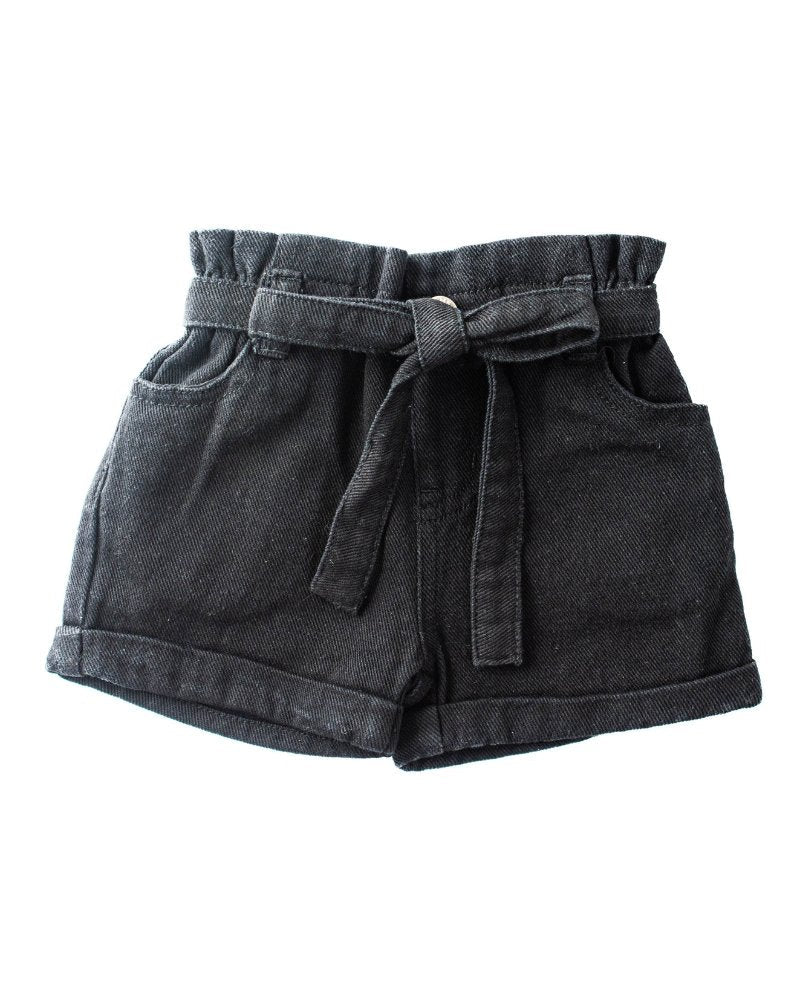 Tie-Waist Denim Shorts - Black