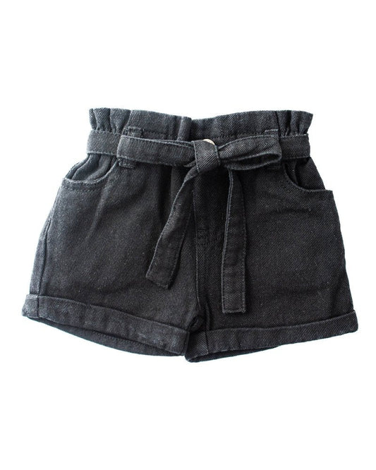 Tie-Waist Denim Shorts - Black