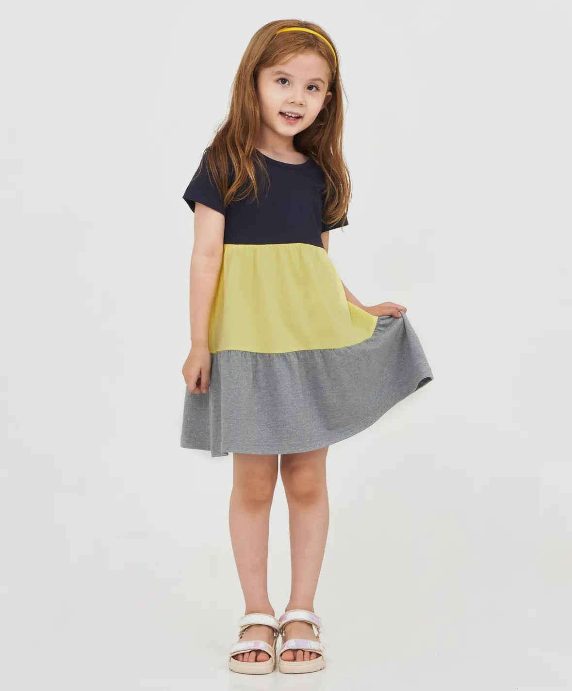 Girls Color Block Tiered Dress - Navy
