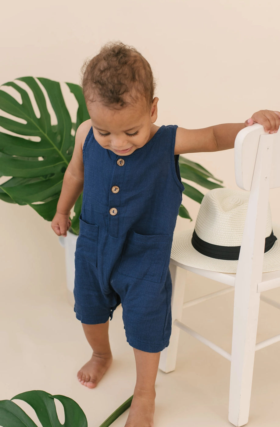Sleeveless Linen Romper - Navy