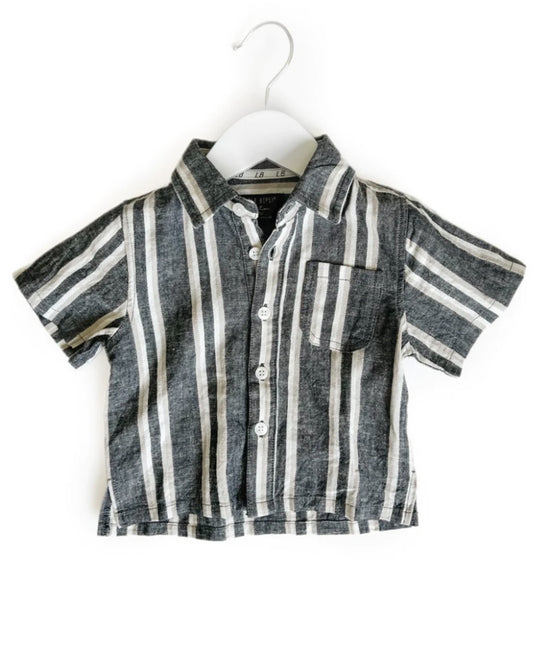 Linen Button Up TShirt- Charcoal Stripe