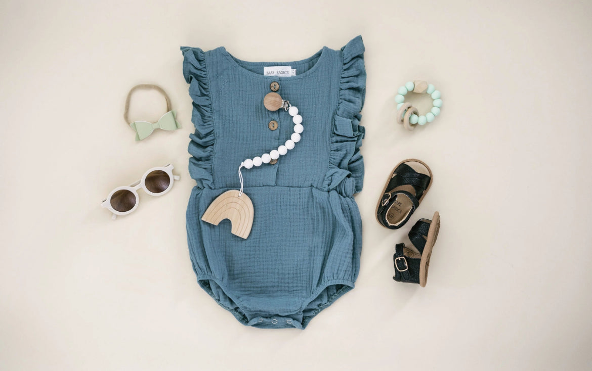 Linen Girls Romper - Seafoam
