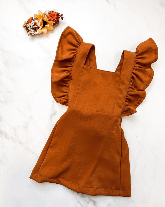 Ruffle Back Suspender Dress - Caramel