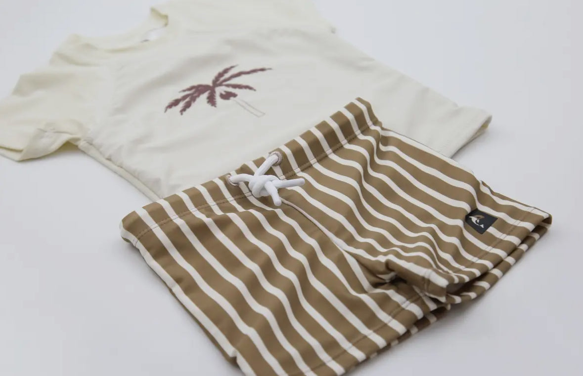 Boys Swim Boardie Shorts - Khaki Stripe