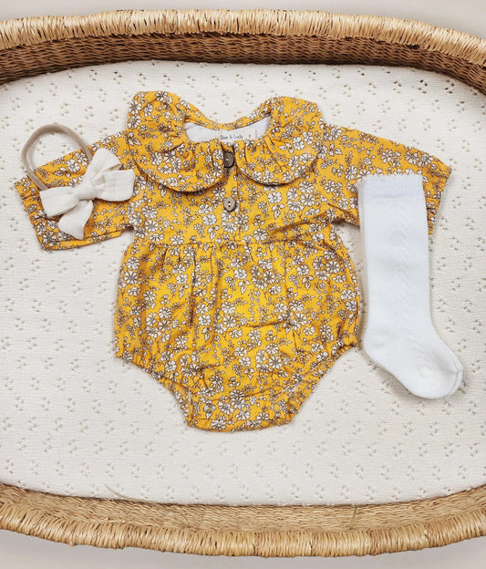 Fall Floral Bubble Romper - Mustard