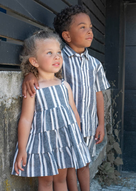 Linen Tiered Dress - Charcoal Stripe - Little Bipsy